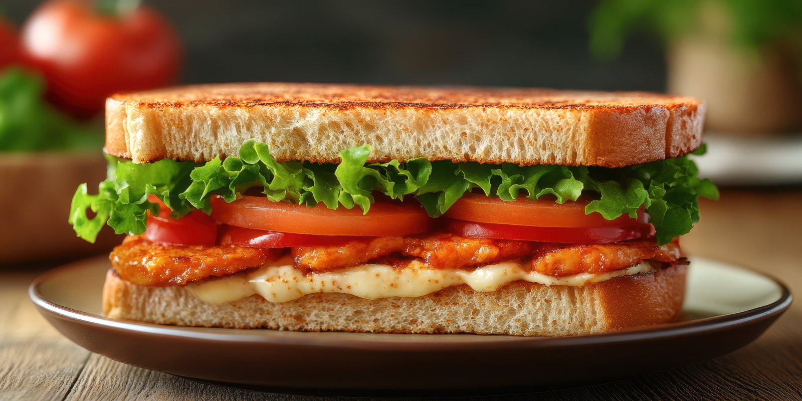 Delicious sandwich made with grilled chicken, fresh vegetables, and creamy sauce served on toasted bread